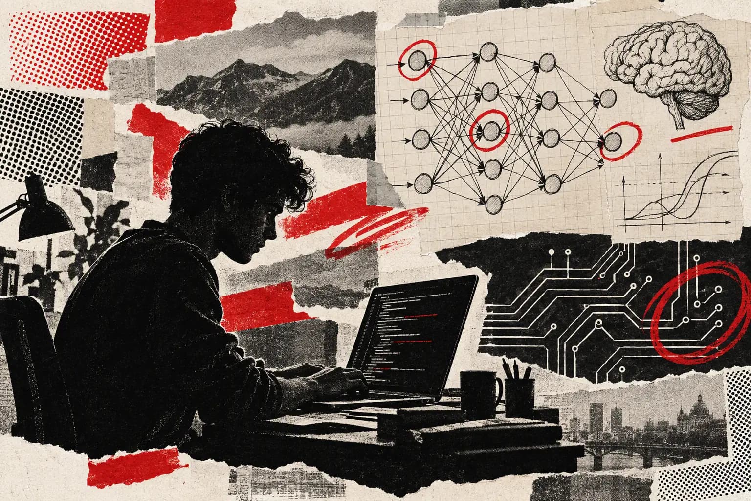Collage illustration: an engineer coding beside hand-drawn neural network sketches