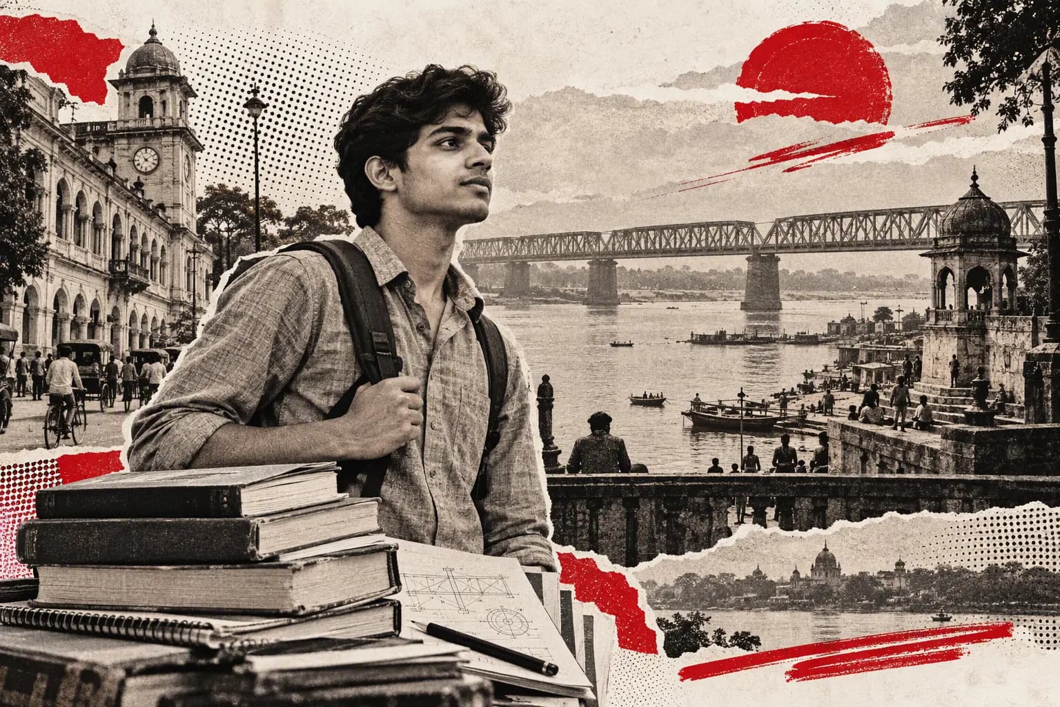 Collage illustration: a young engineer with textbooks and a backpack on the Allahabad riverfront