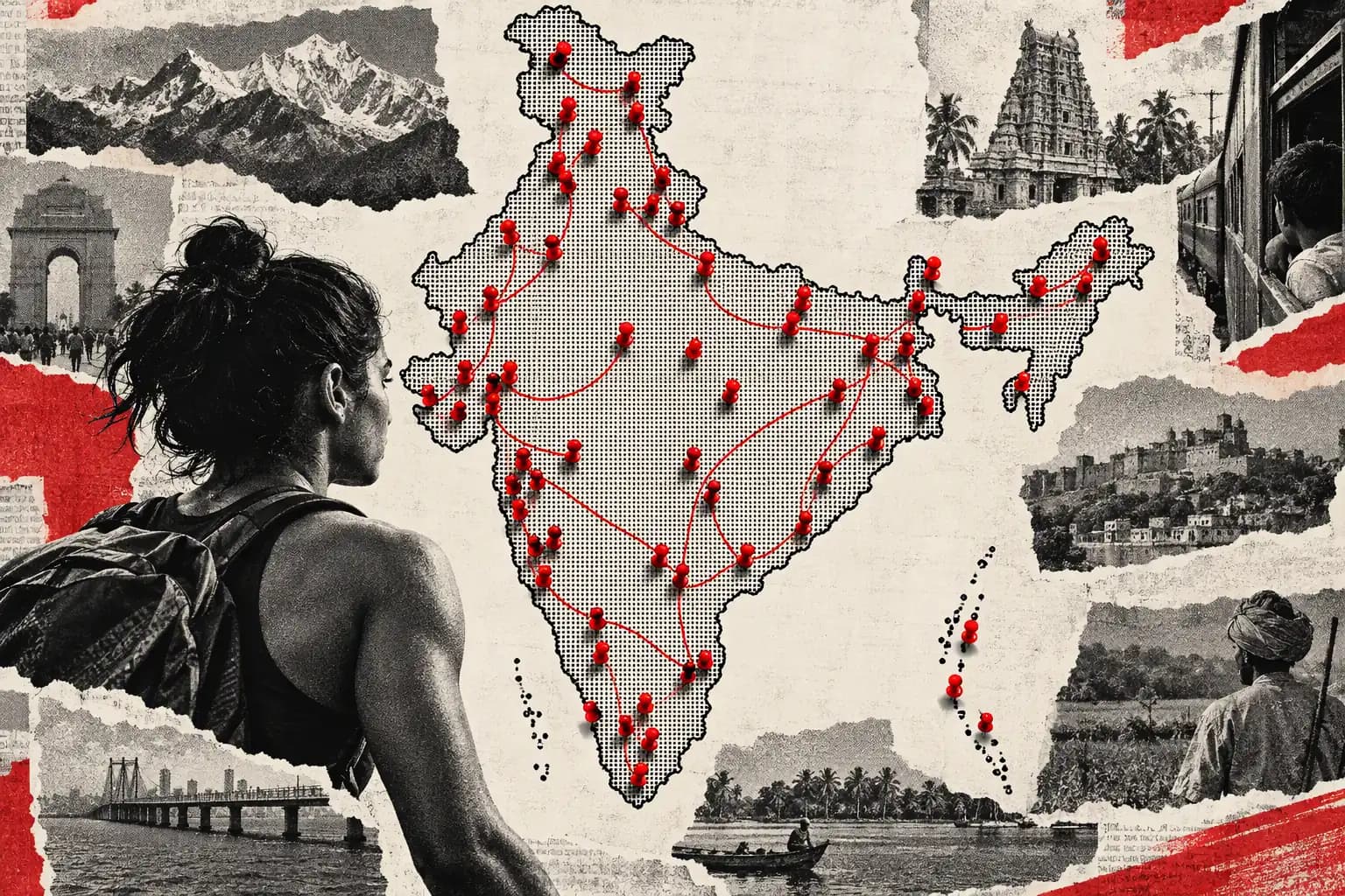 Collage illustration: newspaper-style map of India covered in red pins