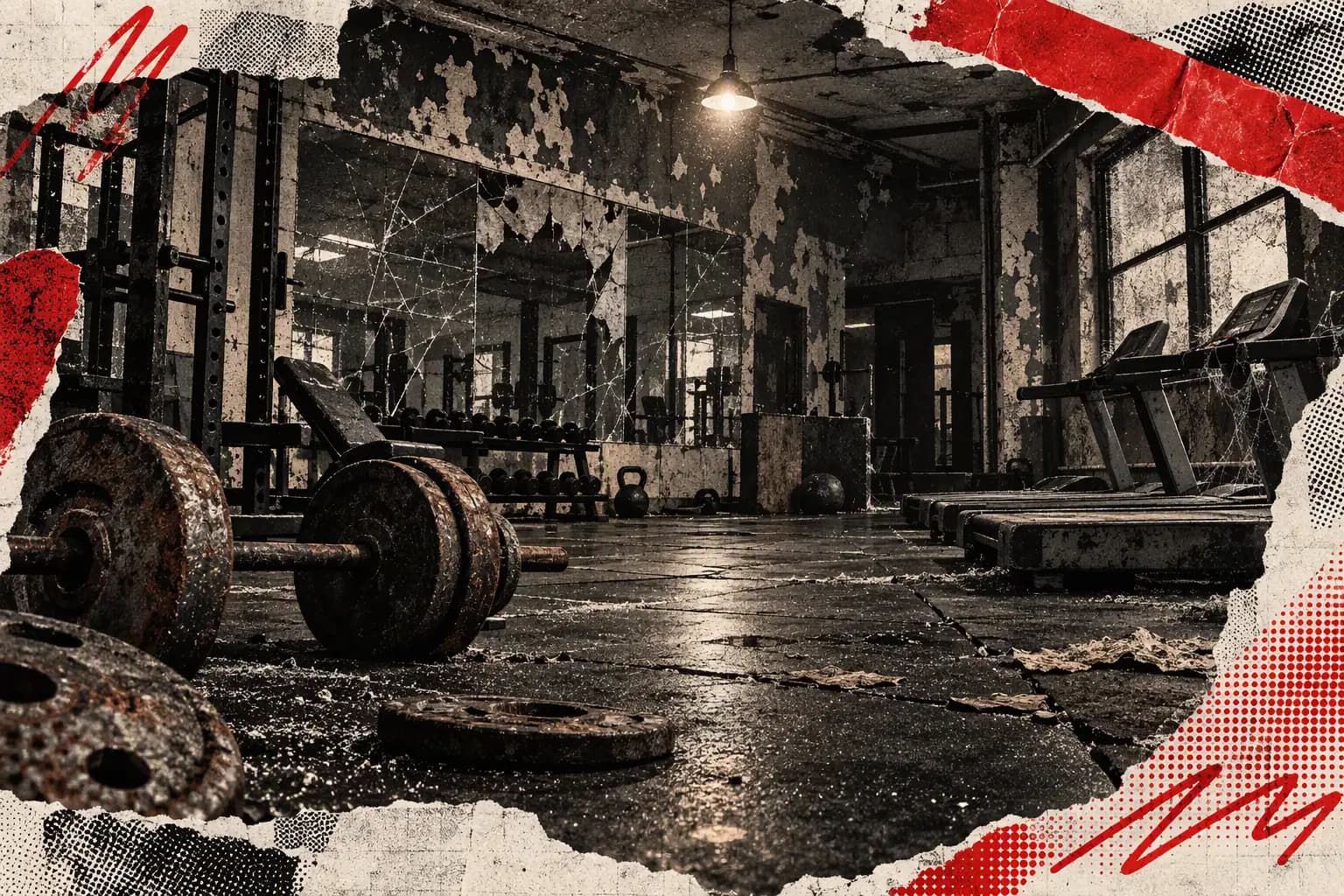 Collage illustration: a dim, empty gym with rusty weights and peeling paint