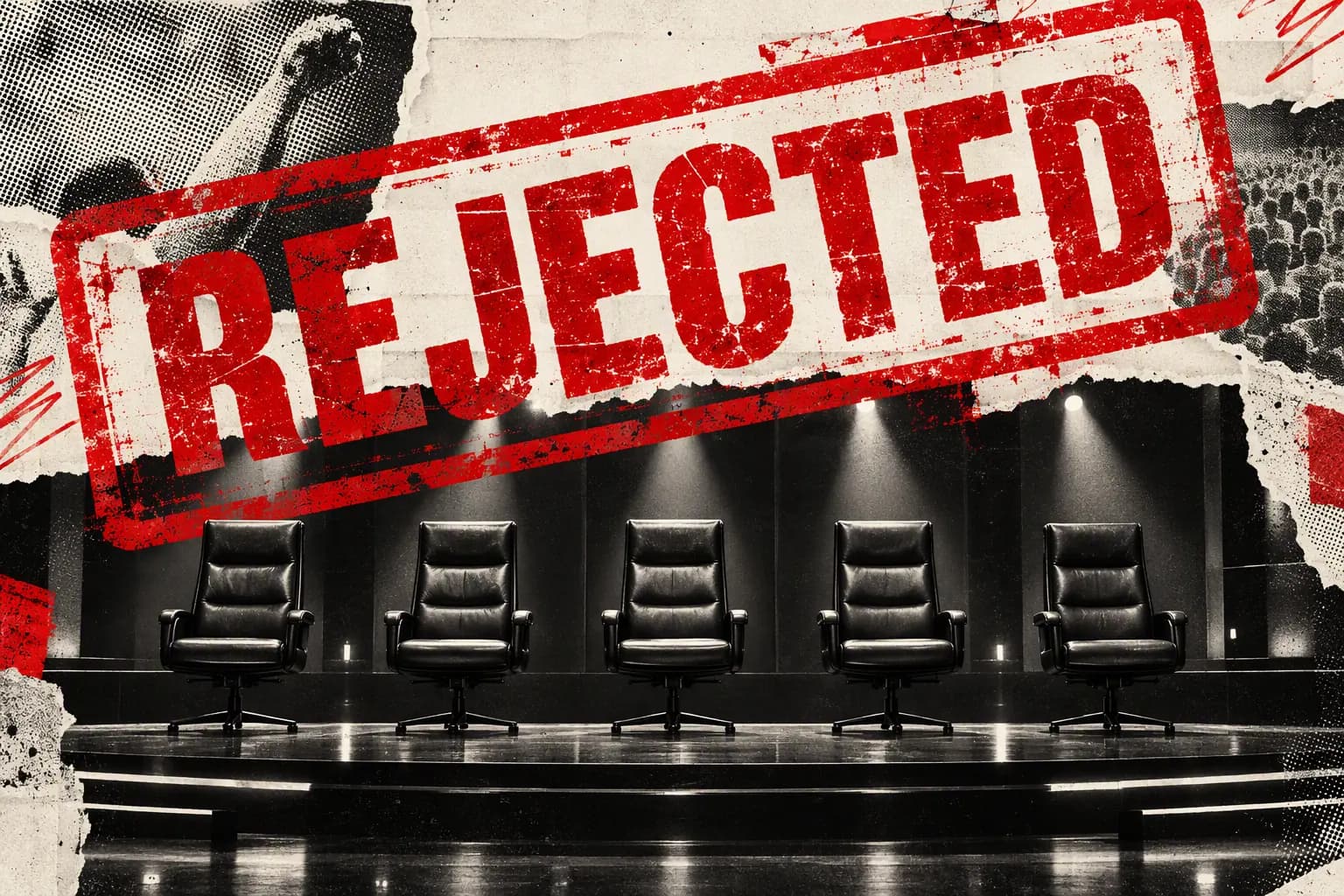 Collage illustration: five empty chairs on a studio stage with a red REJECTED stamp