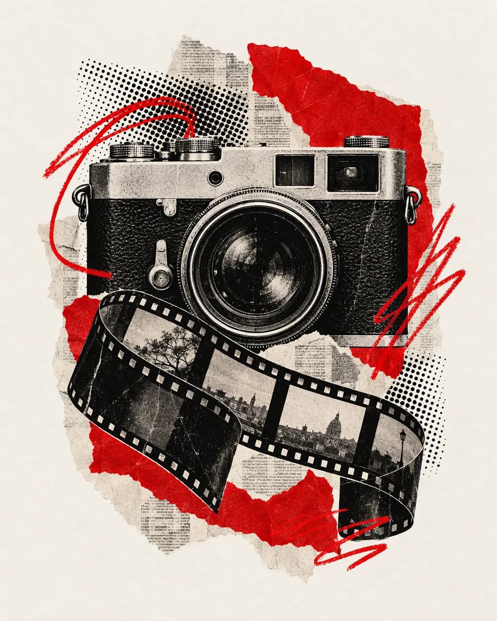 Collage illustration: a vintage camera and a strip of film
