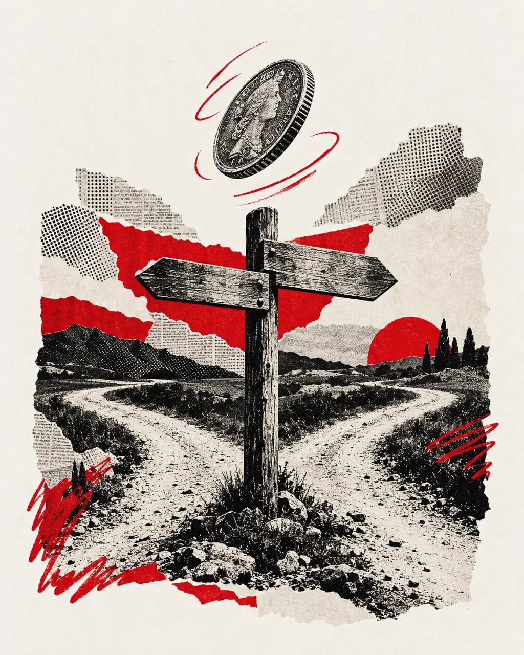 Collage illustration: a signpost at a fork in the road with a coin flipping above