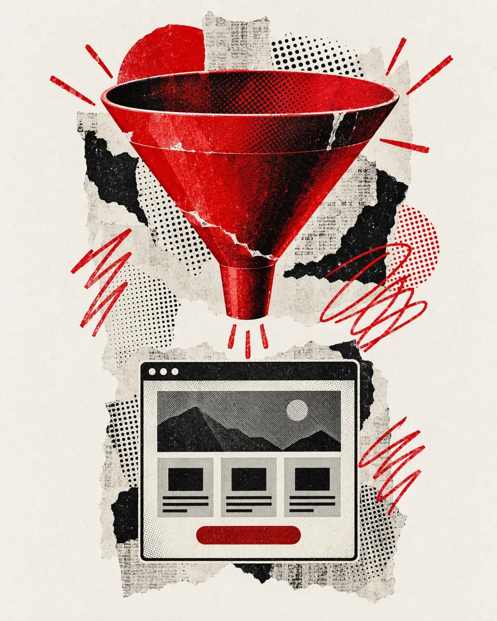 Collage illustration: a red funnel above a website wireframe