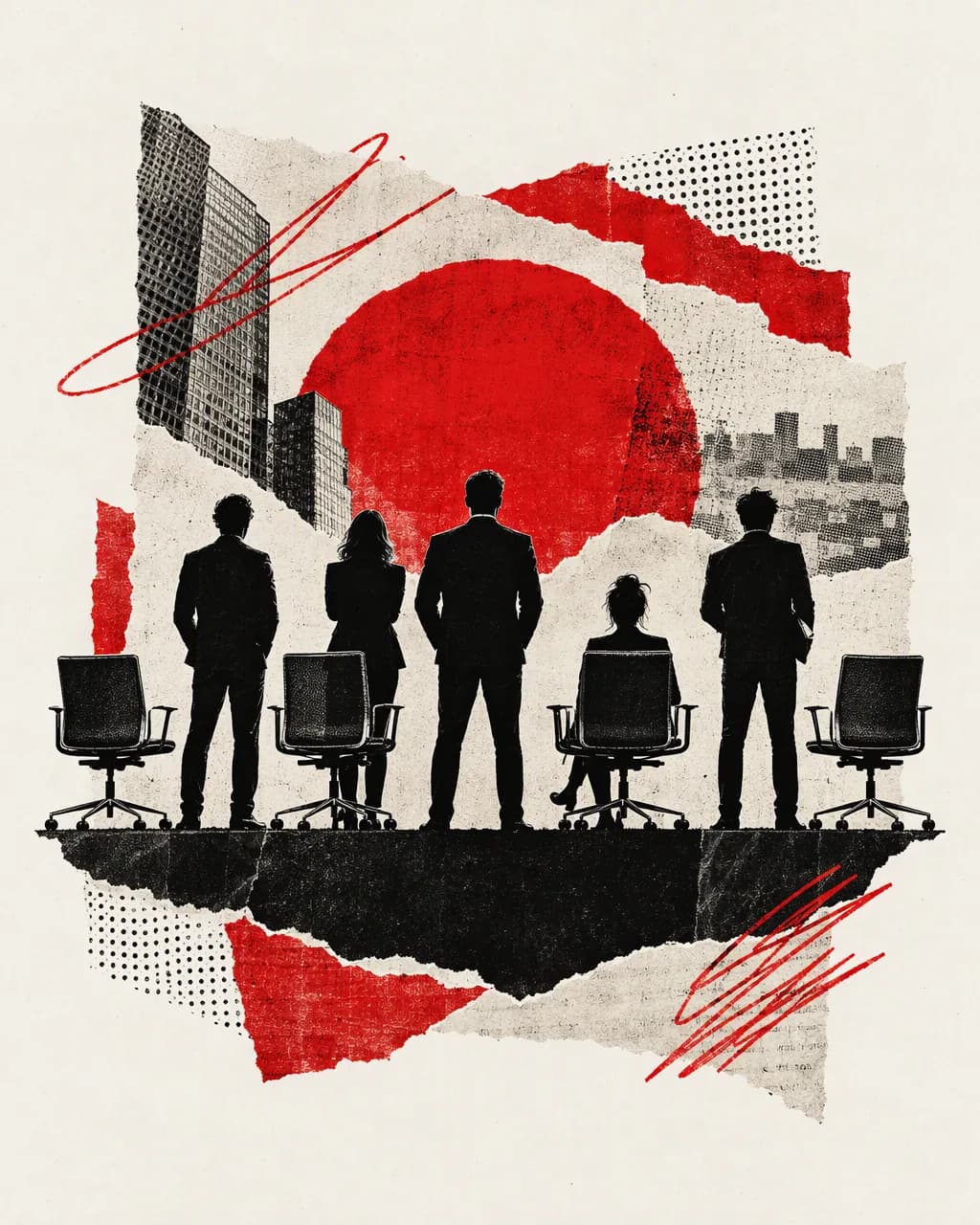 Collage illustration: team silhouettes standing among office chairs