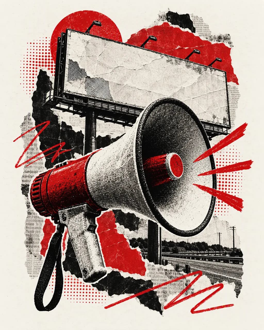 Collage illustration: a red megaphone in front of a billboard