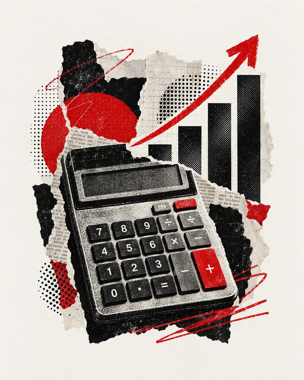 Collage illustration: a calculator with a rising bar chart and arrow