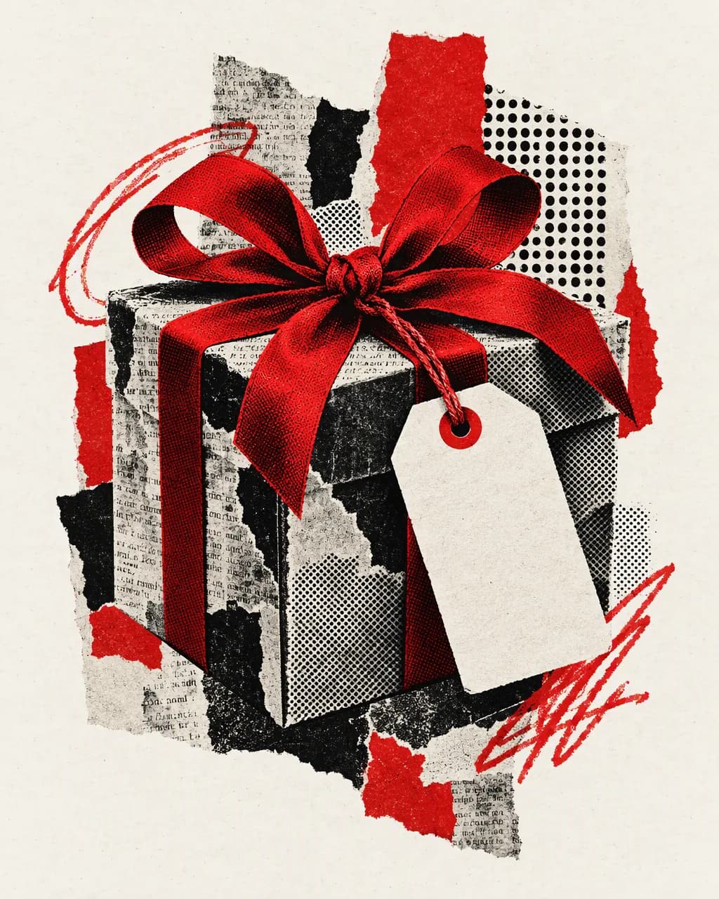 Collage illustration: a gift box with a red ribbon and a price tag