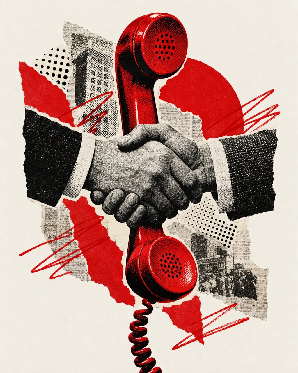 Collage illustration: a handshake and a red telephone handset