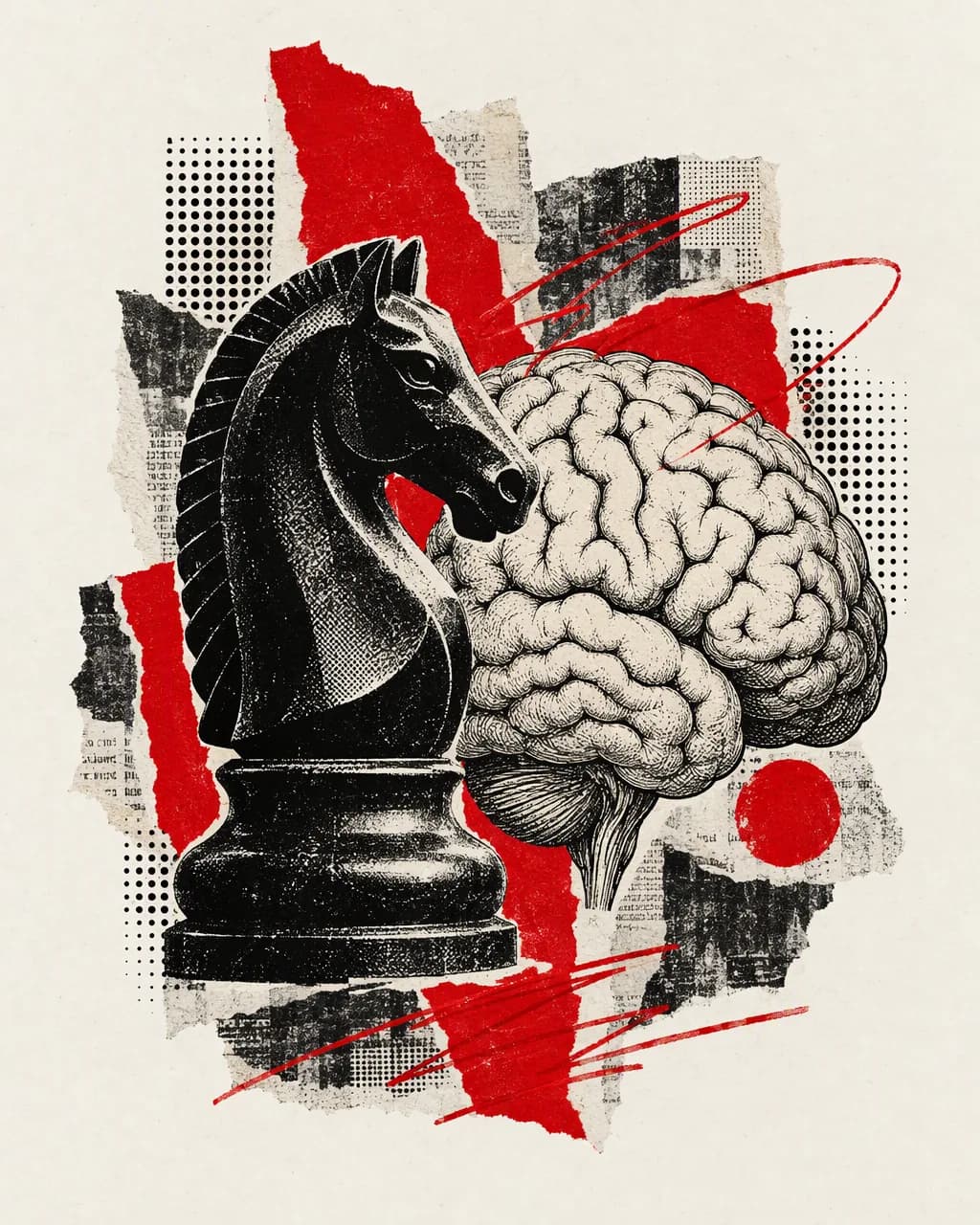 Collage illustration: a chess knight beside a sketched brain