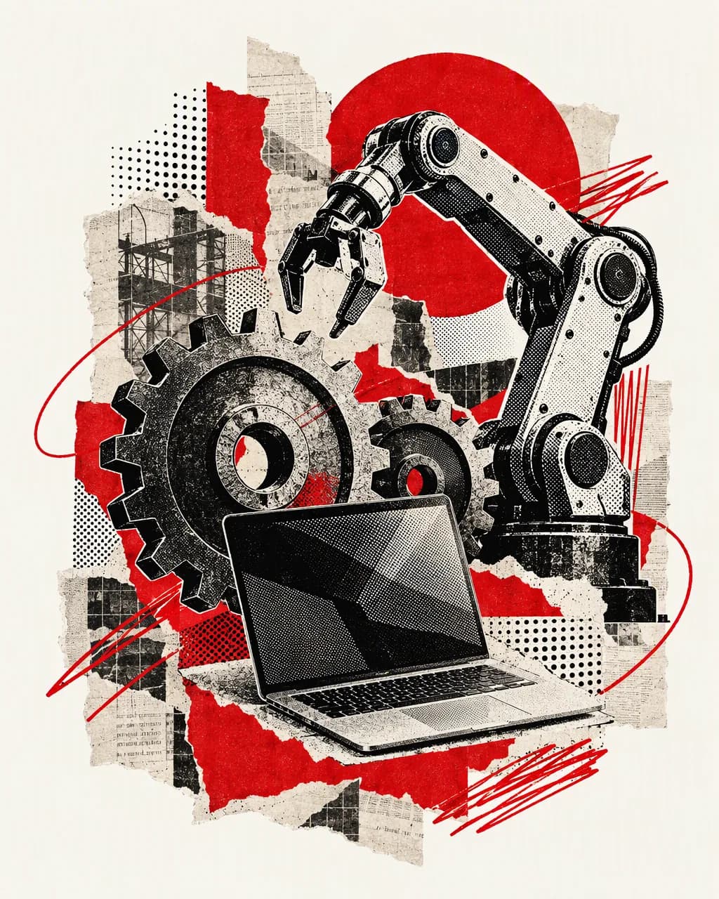 Collage illustration: gears, a laptop and a robotic arm
